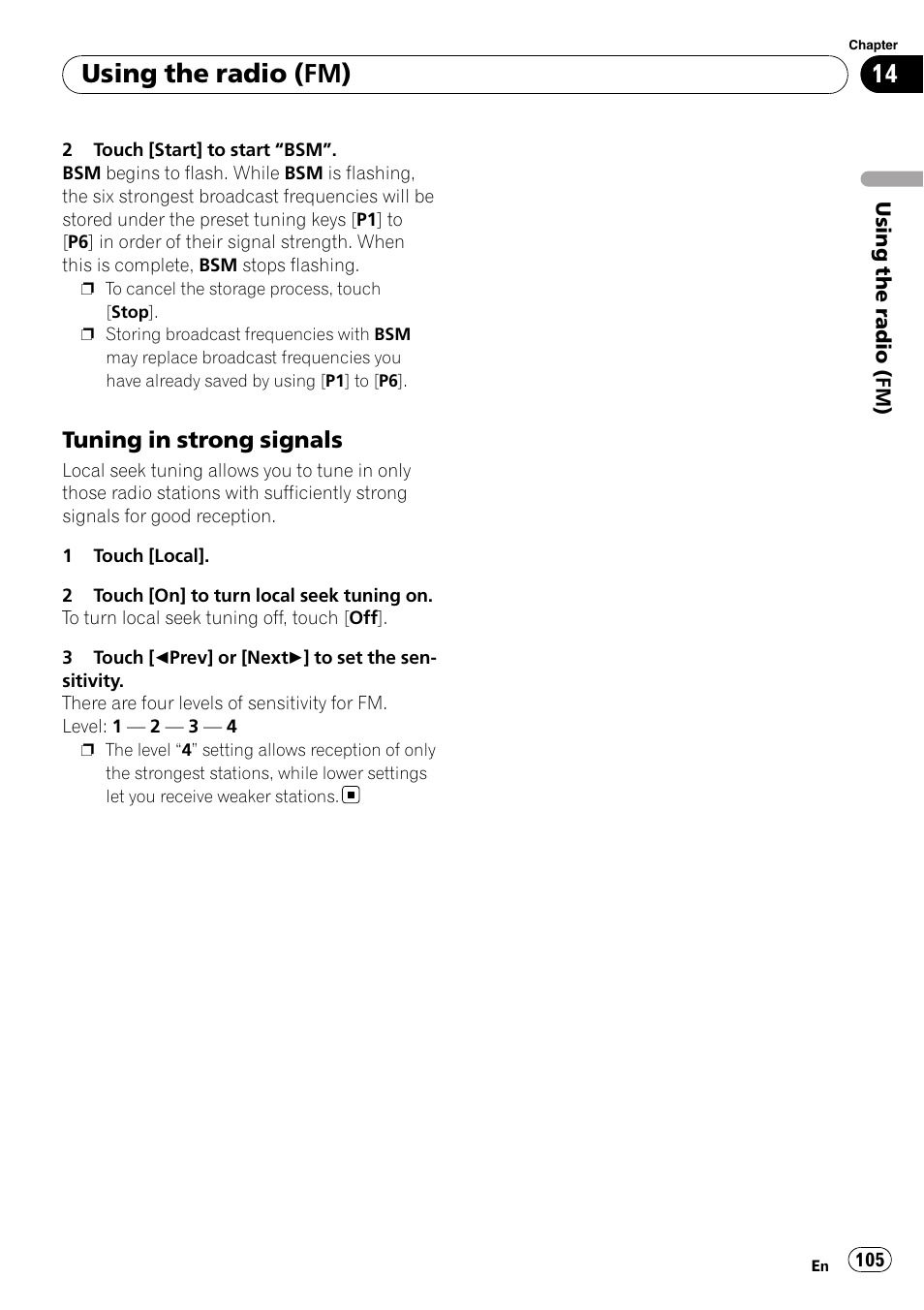 Tuning in strong signals 105, Using the radio (fm), Tuning in strong signals | Pioneer SUPER TUNER AVIC-Z110BT User Manual | Page 105 / 211