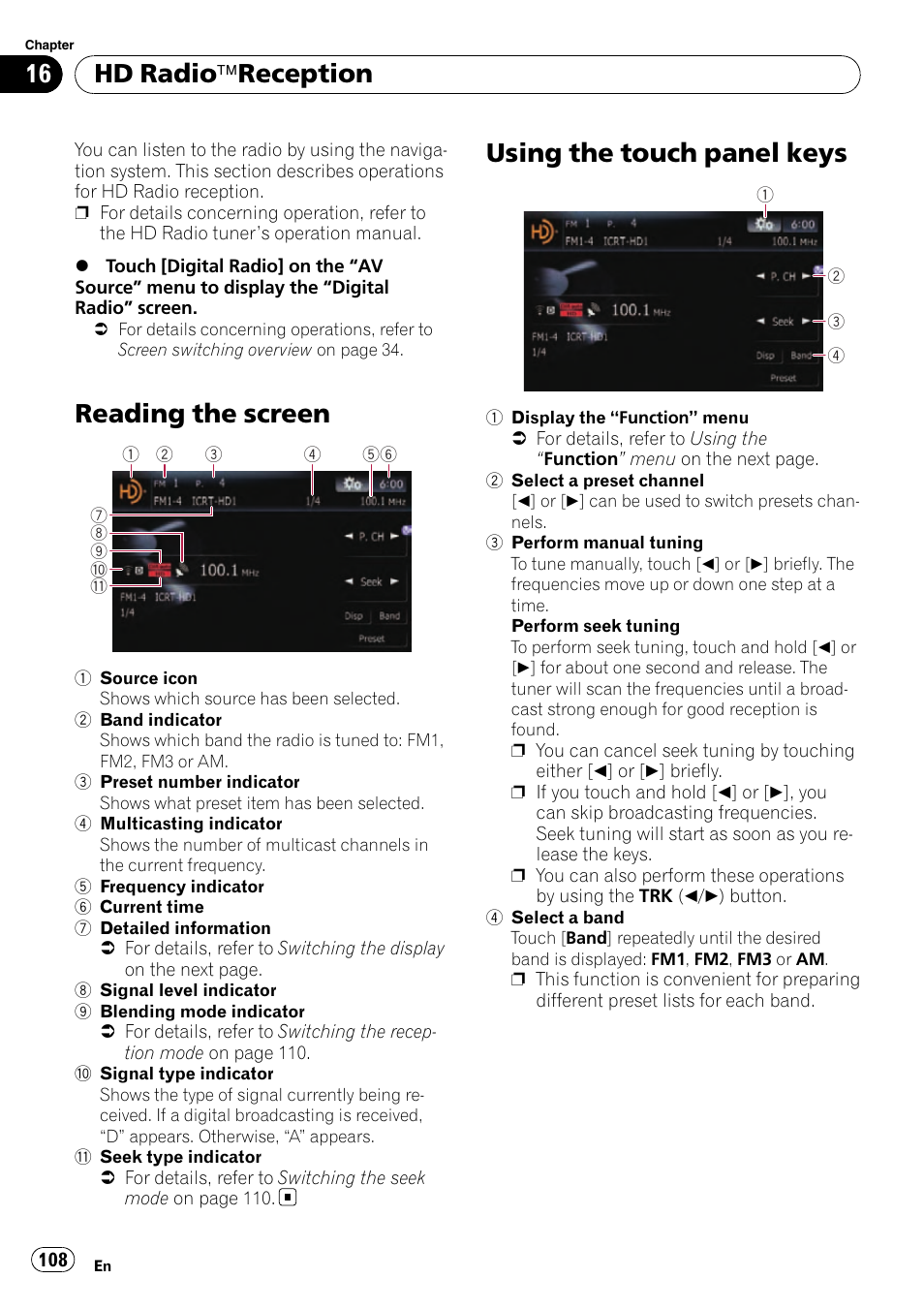 Hd radio, Äreception, Reading the screen | Using the touch panel keys, Hd radio äreception | Pioneer SUPER TUNER AVIC-Z110BT User Manual | Page 108 / 211