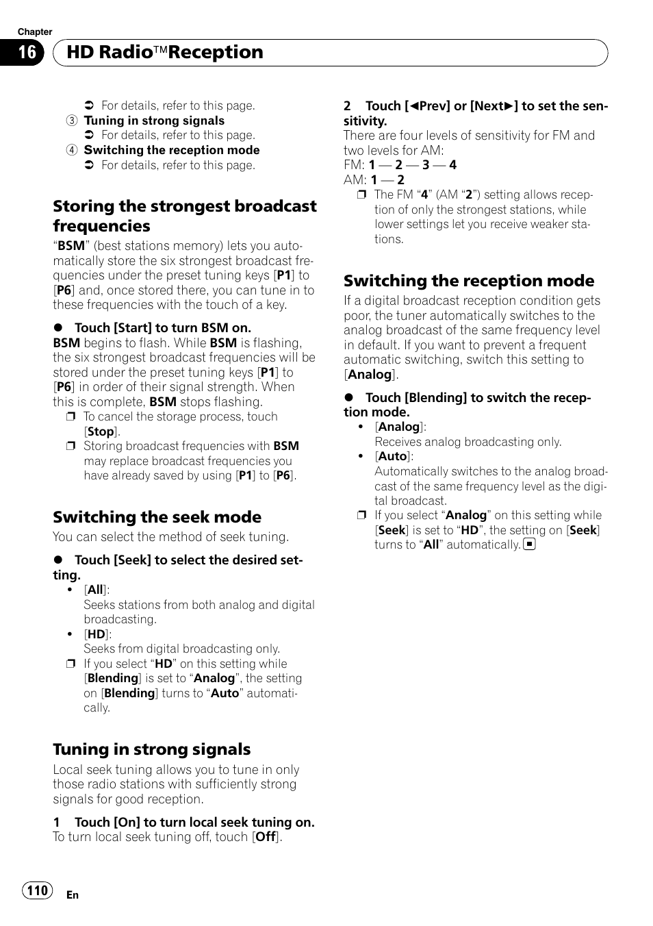 Storing the strongest broadcast, Frequencies, Switching the seek mode 110 | Tuning in strong signals 110, Switching the reception mode 110, Switching the recep, Switching the seek, Hd radio äreception, Storing the strongest broadcast frequencies, Switching the seek mode | Pioneer SUPER TUNER AVIC-Z110BT User Manual | Page 110 / 211