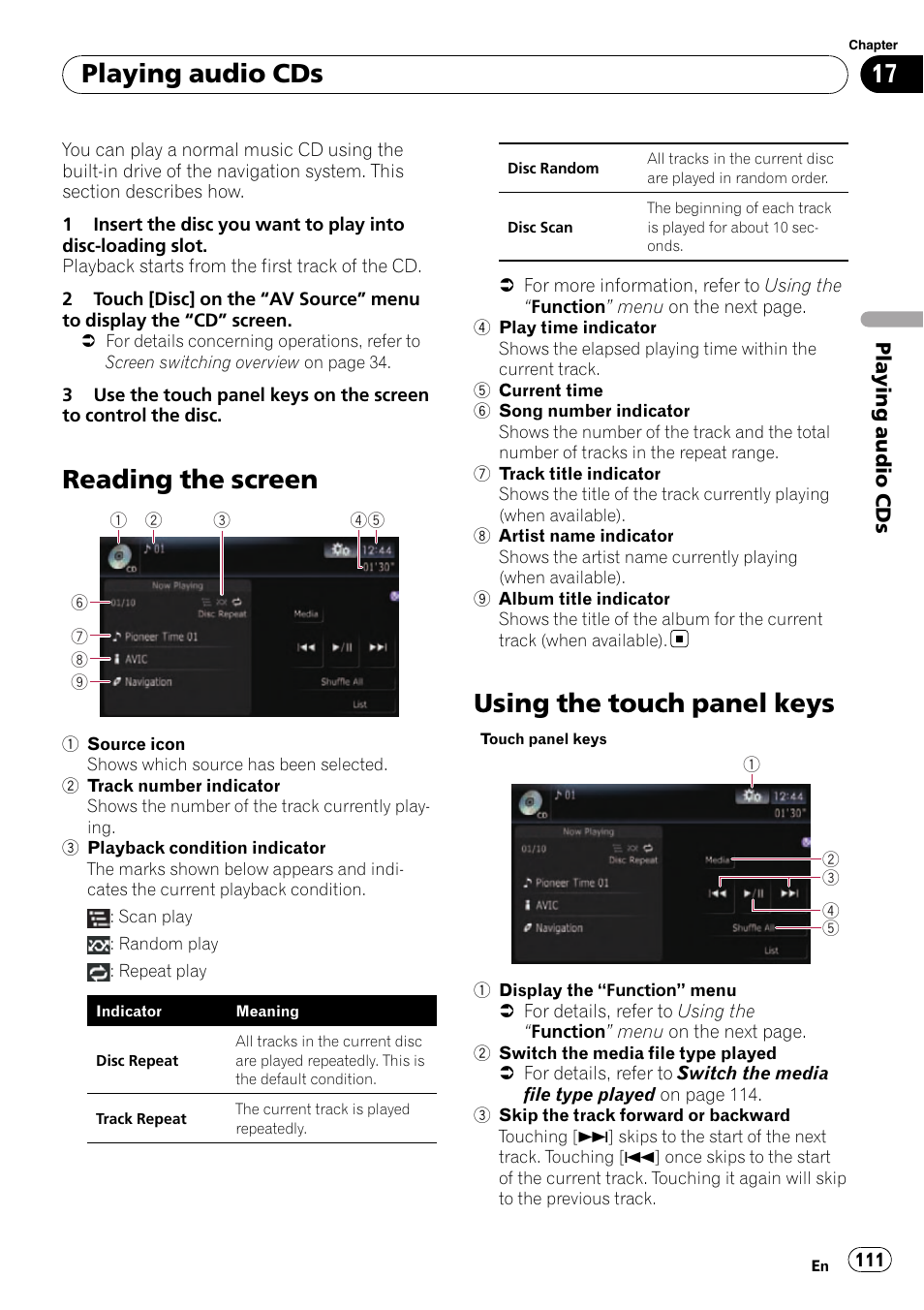 Playing audio cds reading the screen, Using the touch panel keys, Reading the screen | Playing audio cds | Pioneer SUPER TUNER AVIC-Z110BT User Manual | Page 111 / 211