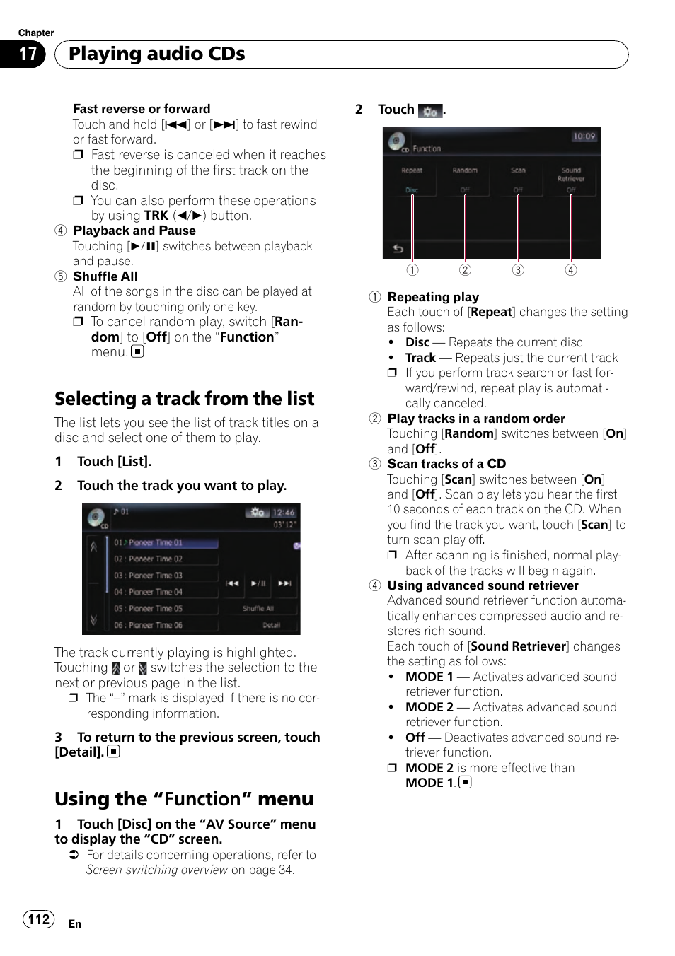 Selecting a track from the list, Using the, Function” menu 112 | Using the “function” menu, Playing audio cds | Pioneer SUPER TUNER AVIC-Z110BT User Manual | Page 112 / 211