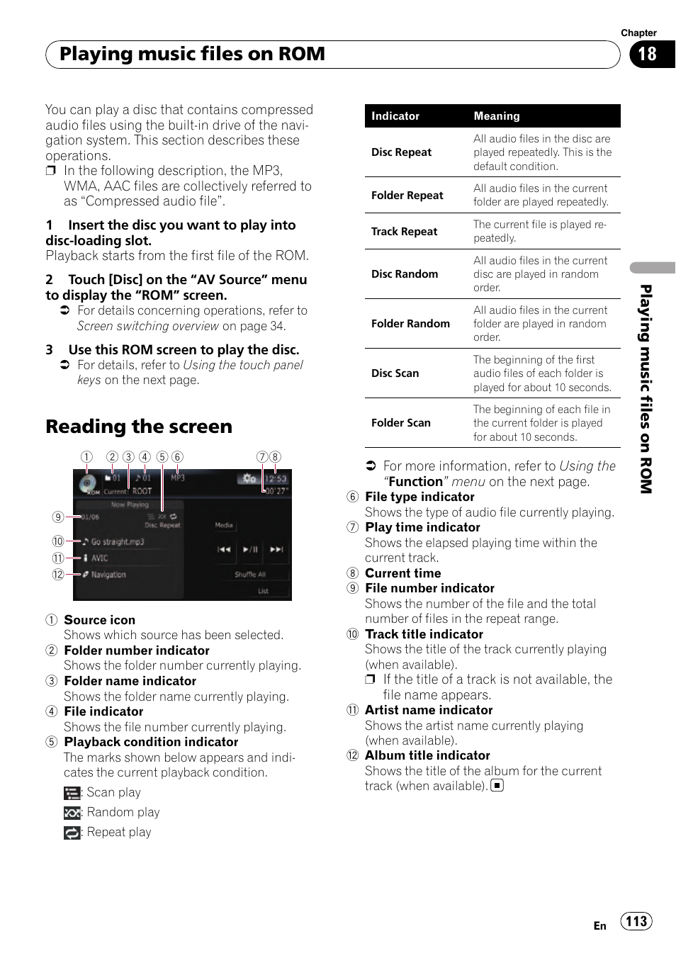 Playing music files on rom reading the screen, Reading the screen, Playing music files on rom | Pioneer SUPER TUNER AVIC-Z110BT User Manual | Page 113 / 211