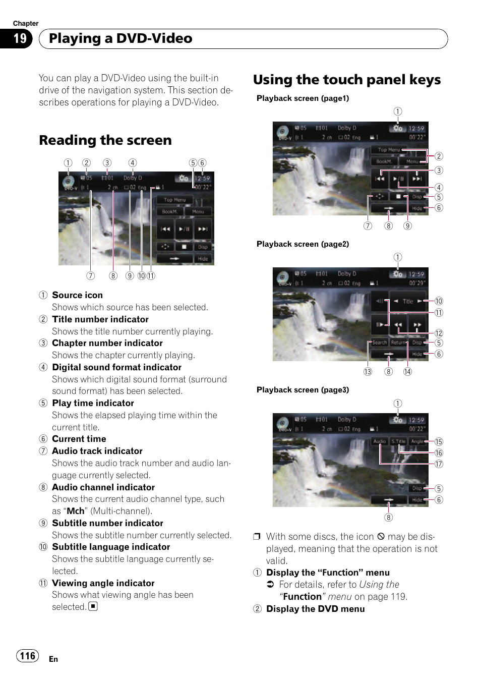 Playing a dvd-video reading the screen, Using the touch panel keys, Reading the screen | Playing a dvd-video | Pioneer SUPER TUNER AVIC-Z110BT User Manual | Page 116 / 211