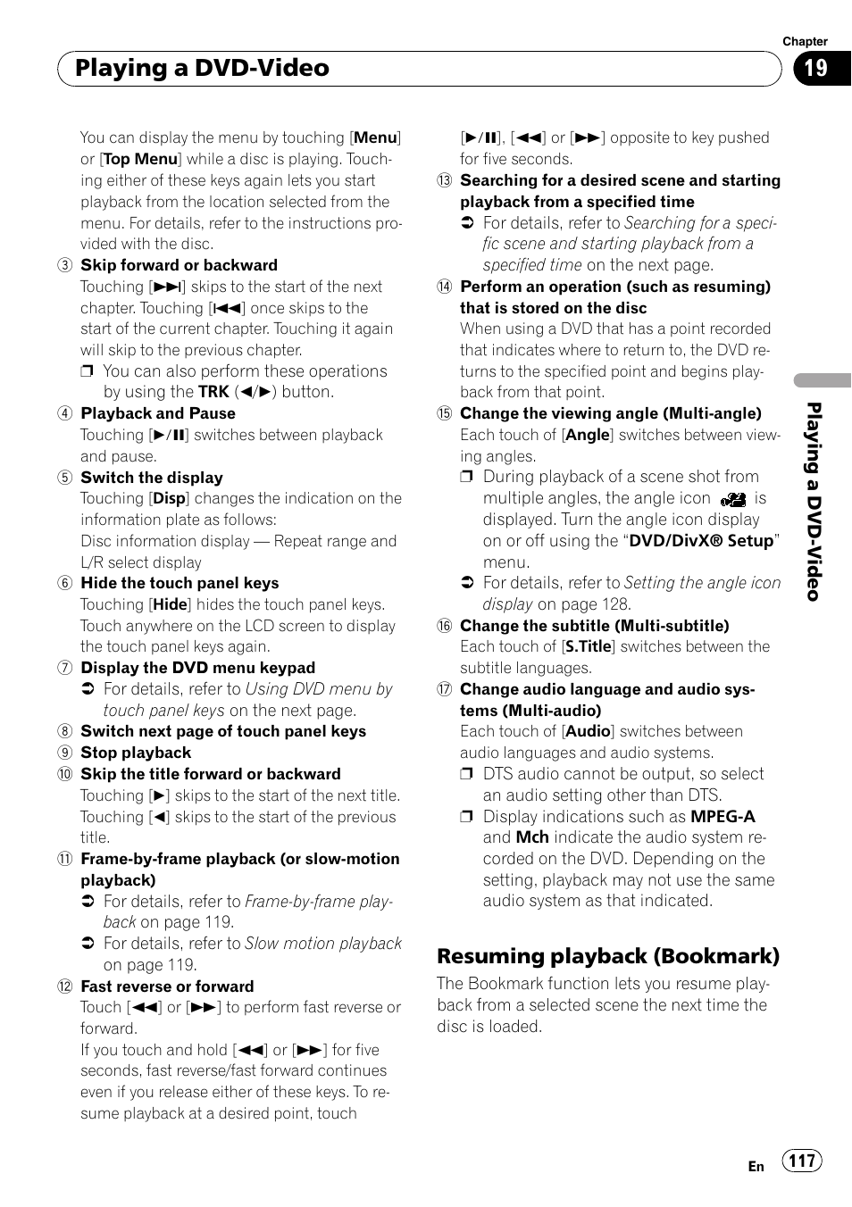 Resuming playback (bookmark) 117, Playing a dvd-video, Resuming playback (bookmark) | Pioneer SUPER TUNER AVIC-Z110BT User Manual | Page 117 / 211