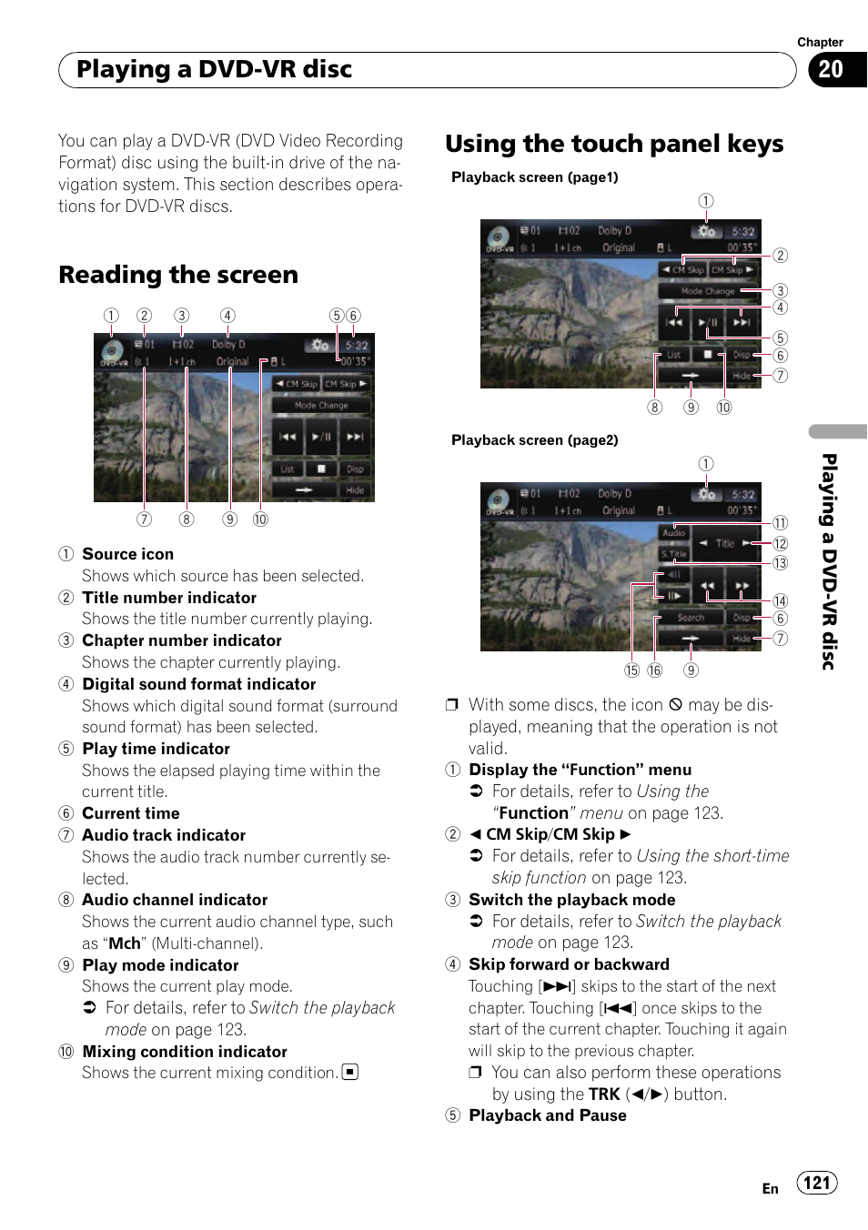 Playing a dvd-vr disc reading the screen, Using the touch panel keys, Reading the screen | Playing a dvd-vr disc | Pioneer SUPER TUNER AVIC-Z110BT User Manual | Page 121 / 211