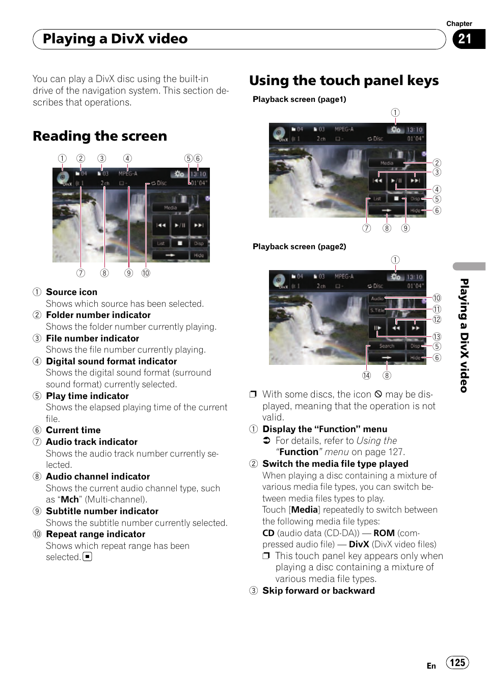 Playing a divx video reading the screen, Using the touch panel keys, Reading the screen | Playing a divx video | Pioneer SUPER TUNER AVIC-Z110BT User Manual | Page 125 / 211