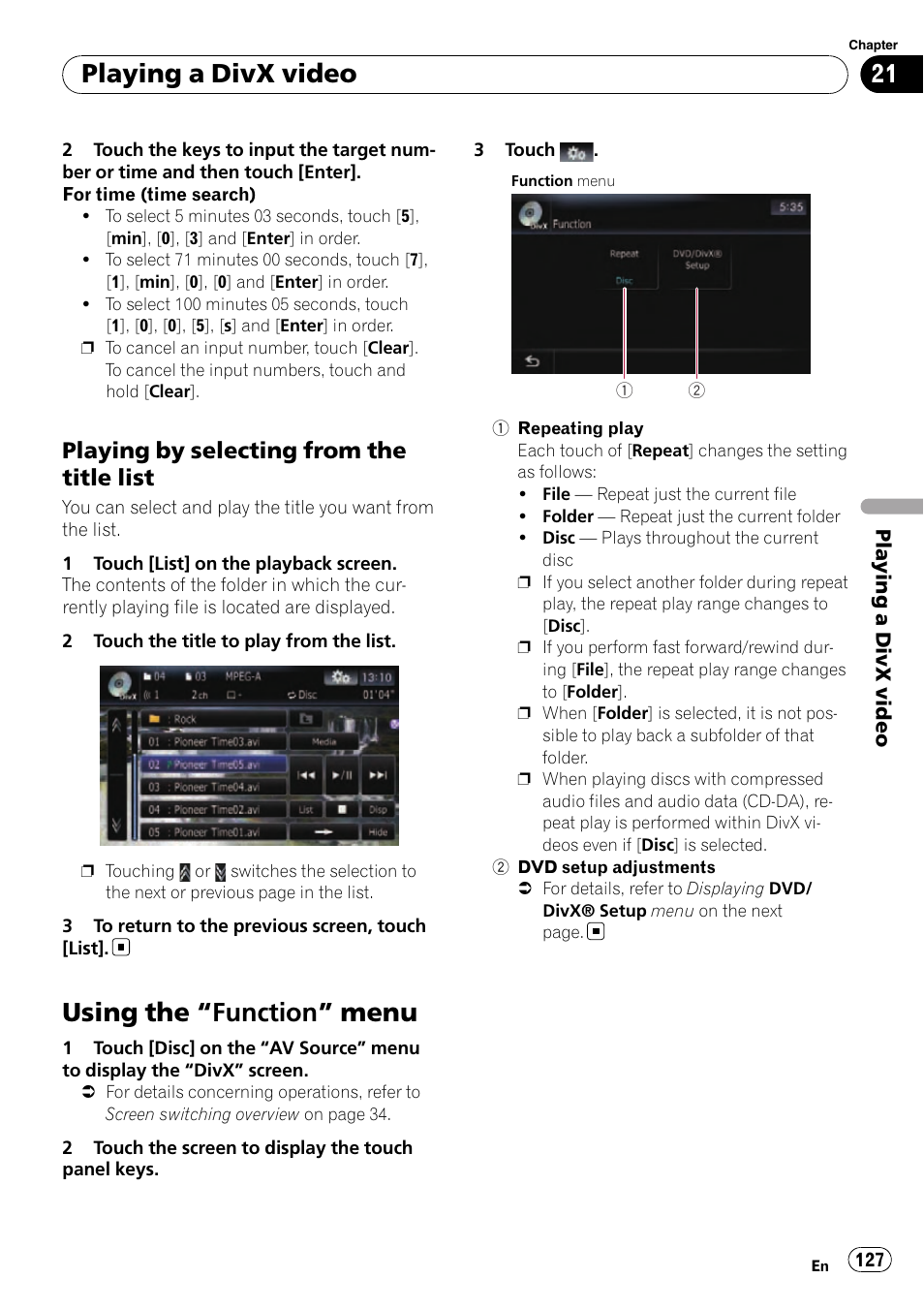 Playing by selecting from the title, List, Using the | Function” menu 127, Using the “function” menu, Playing a divx video, Playing by selecting from the title list | Pioneer SUPER TUNER AVIC-Z110BT User Manual | Page 127 / 211