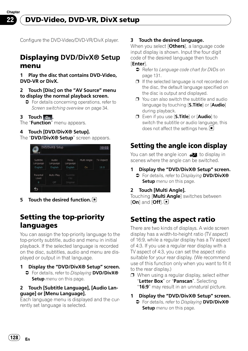 Setting the top-priority languages, Setting the angle icon display, Setting the aspect ratio | Setting the angle icon, Displaying dvd/divx® setup menu, Dvd-video, dvd-vr, divx setup | Pioneer SUPER TUNER AVIC-Z110BT User Manual | Page 128 / 211