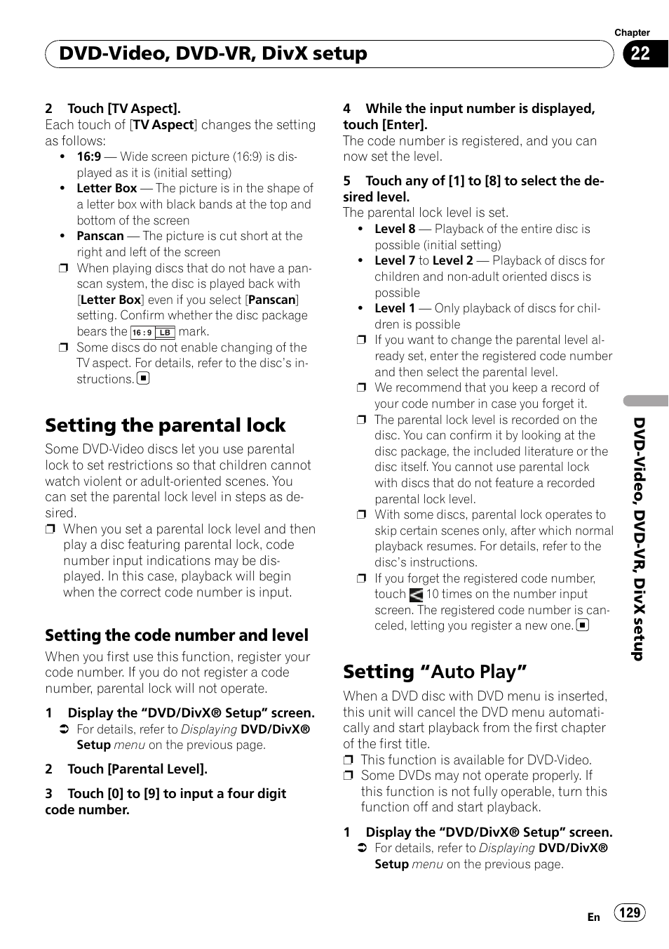 Setting the parental lock, Setting the code number and, Level | Setting, Auto play” 129, Setting “auto play, Dvd-video, dvd-vr, divx setup, Setting the code number and level | Pioneer SUPER TUNER AVIC-Z110BT User Manual | Page 129 / 211