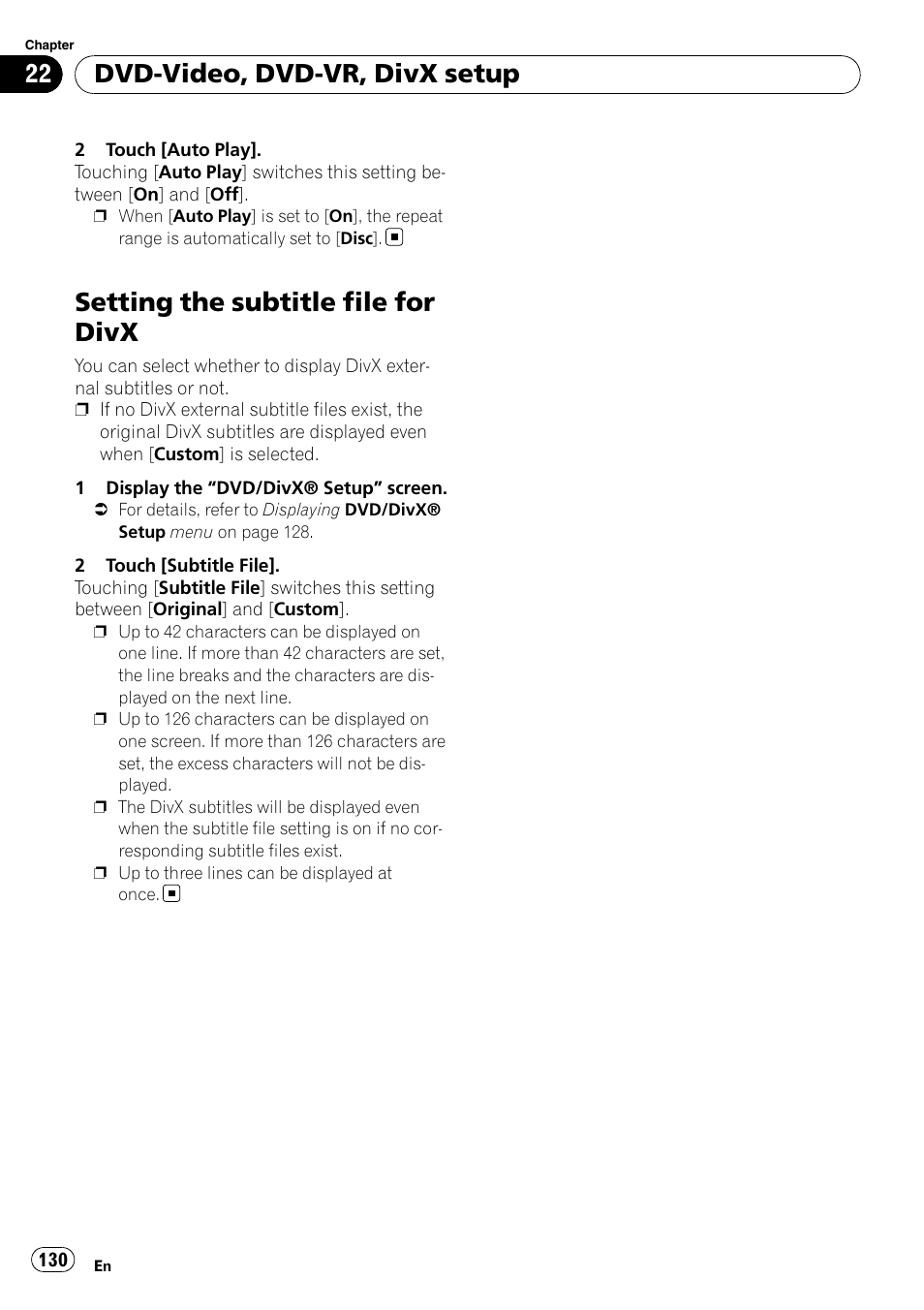 Setting the subtitle file for divx, Dvd-video, dvd-vr, divx setup | Pioneer SUPER TUNER AVIC-Z110BT User Manual | Page 130 / 211