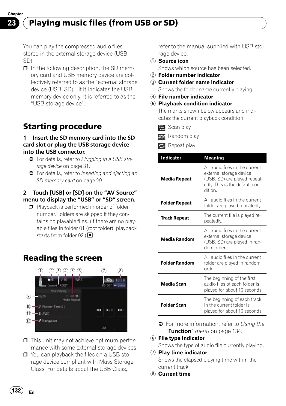 Reading the screen, Starting procedure, Playing music files (from usb or sd) | Pioneer SUPER TUNER AVIC-Z110BT User Manual | Page 132 / 211