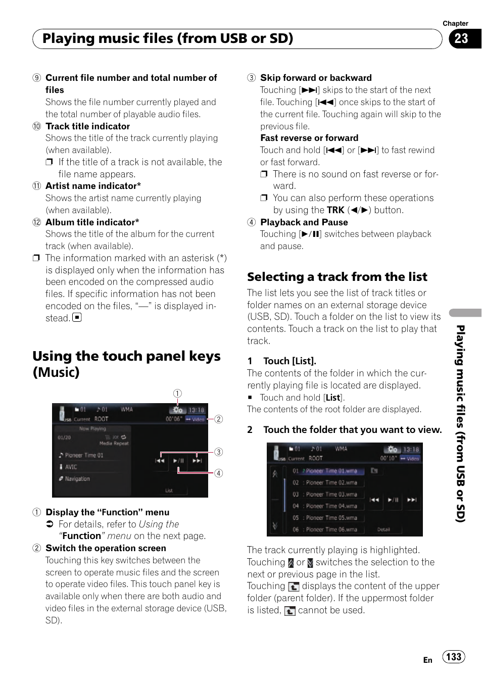 Using the touch panel keys (music), Selecting a track from the list 133, Playing music files (from usb or sd) | Selecting a track from the list | Pioneer SUPER TUNER AVIC-Z110BT User Manual | Page 133 / 211