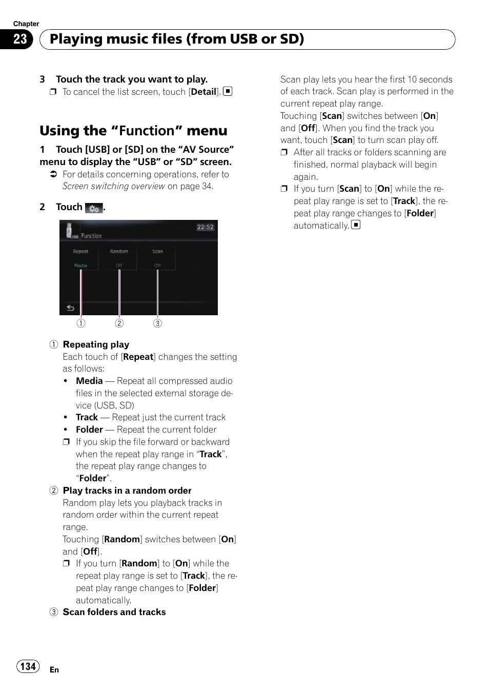 Using the, Function” menu 134, Using the “function” menu | Playing music files (from usb or sd) | Pioneer SUPER TUNER AVIC-Z110BT User Manual | Page 134 / 211