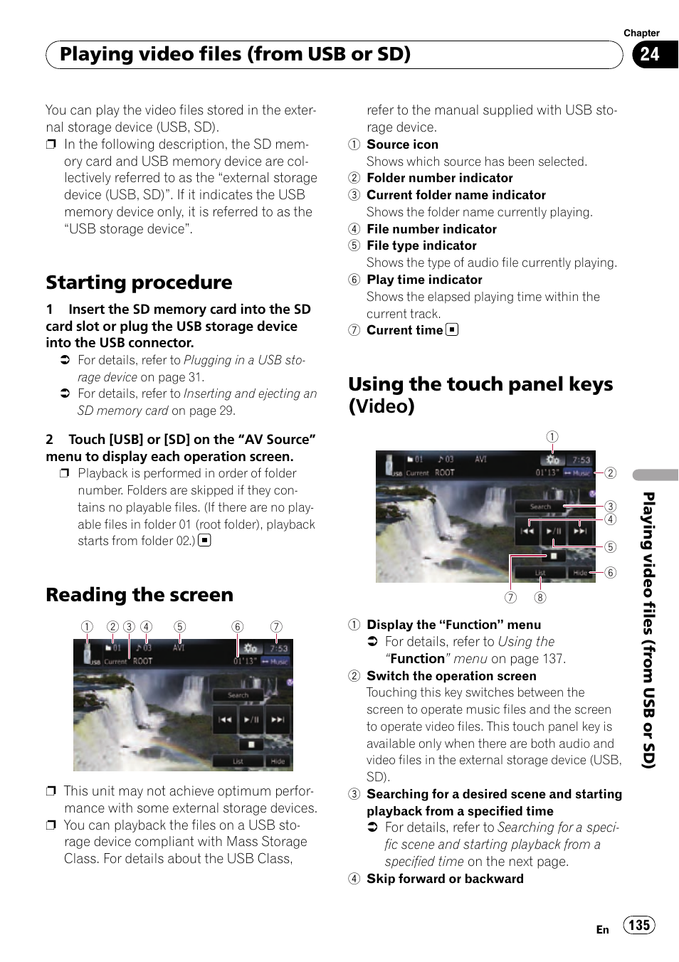 Reading the screen, Using the touch panel keys (video), Starting procedure | Playing video files (from usb or sd) | Pioneer SUPER TUNER AVIC-Z110BT User Manual | Page 135 / 211