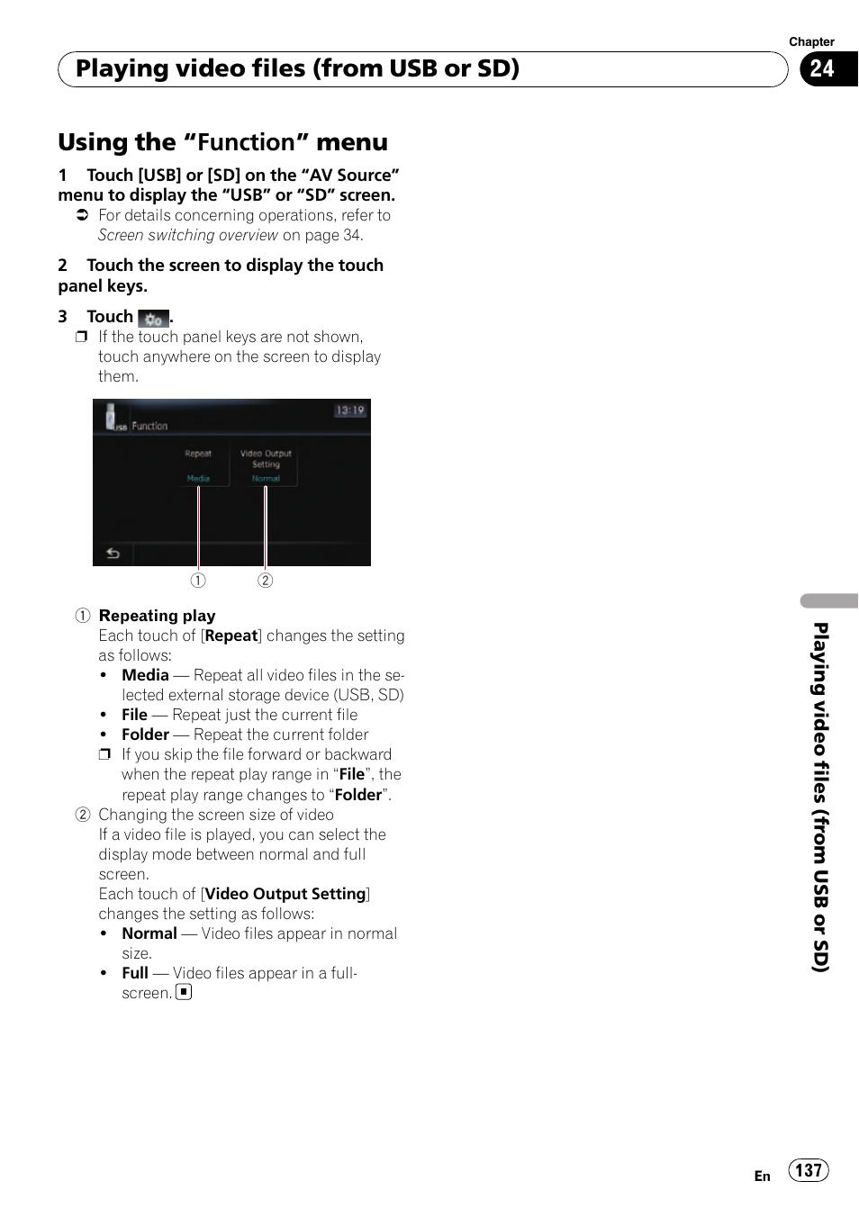 Using the, Function” menu 137, Using the “function” menu | Playing video files (from usb or sd) | Pioneer SUPER TUNER AVIC-Z110BT User Manual | Page 137 / 211