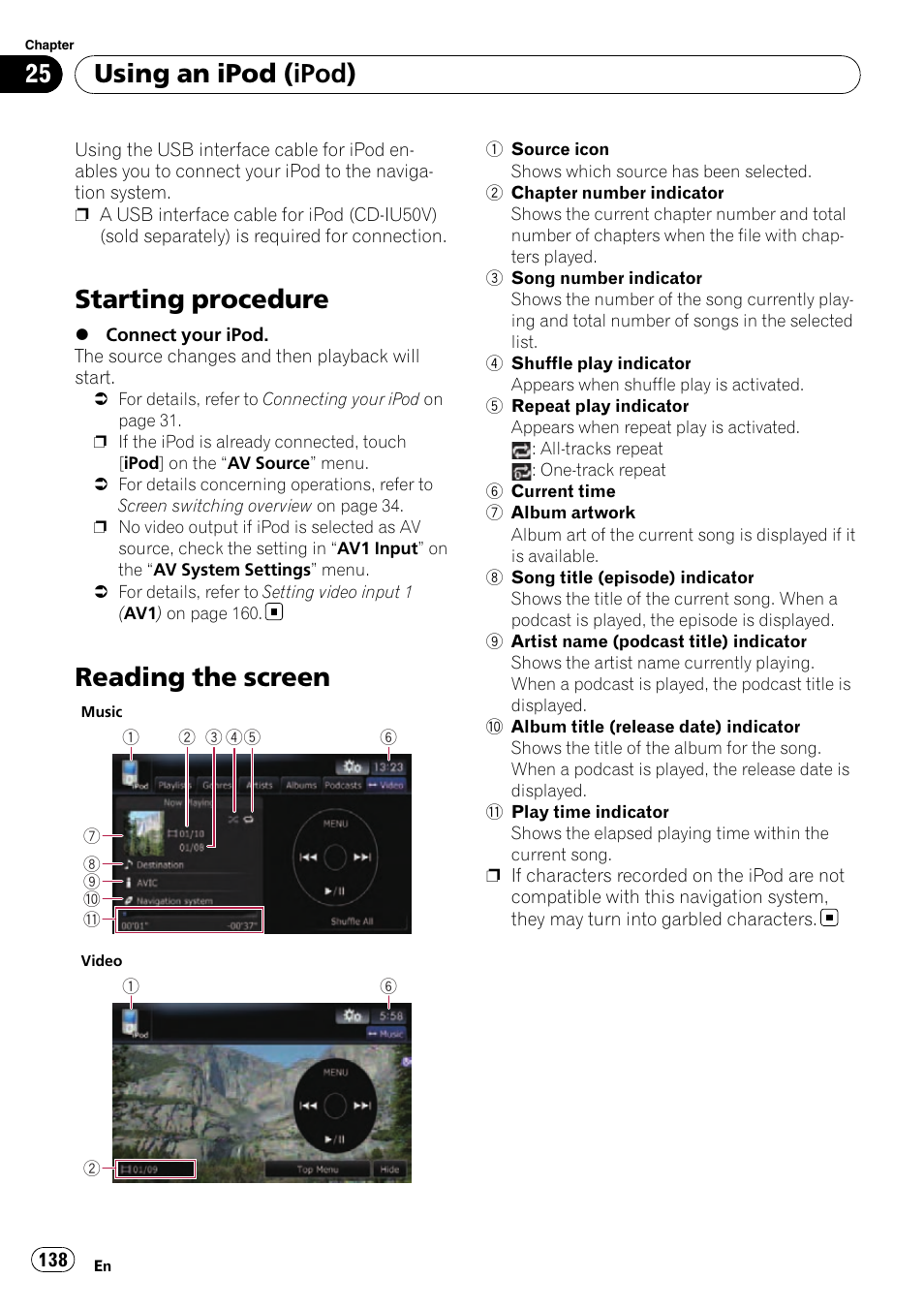 Using an ipod (ipod) starting procedure, Reading the screen, Starting procedure | Using an ipod (ipod) | Pioneer SUPER TUNER AVIC-Z110BT User Manual | Page 138 / 211