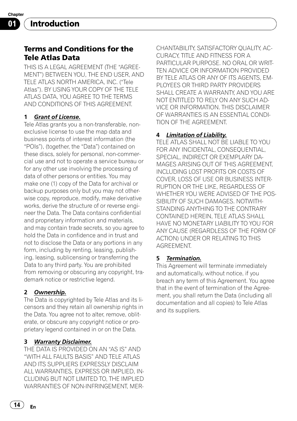 Terms and conditions for the tele atlas, Data, Introduction | Terms and conditions for the tele atlas data | Pioneer SUPER TUNER AVIC-Z110BT User Manual | Page 14 / 211