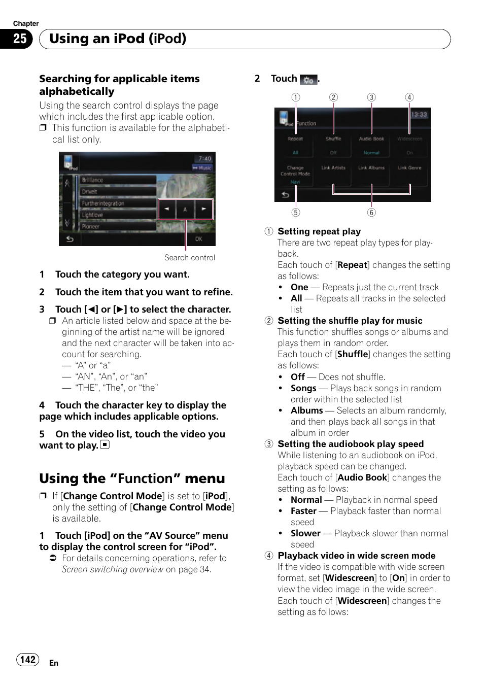 Using the, Function” menu 142, Using the “function” menu | Using an ipod (ipod) | Pioneer SUPER TUNER AVIC-Z110BT User Manual | Page 142 / 211