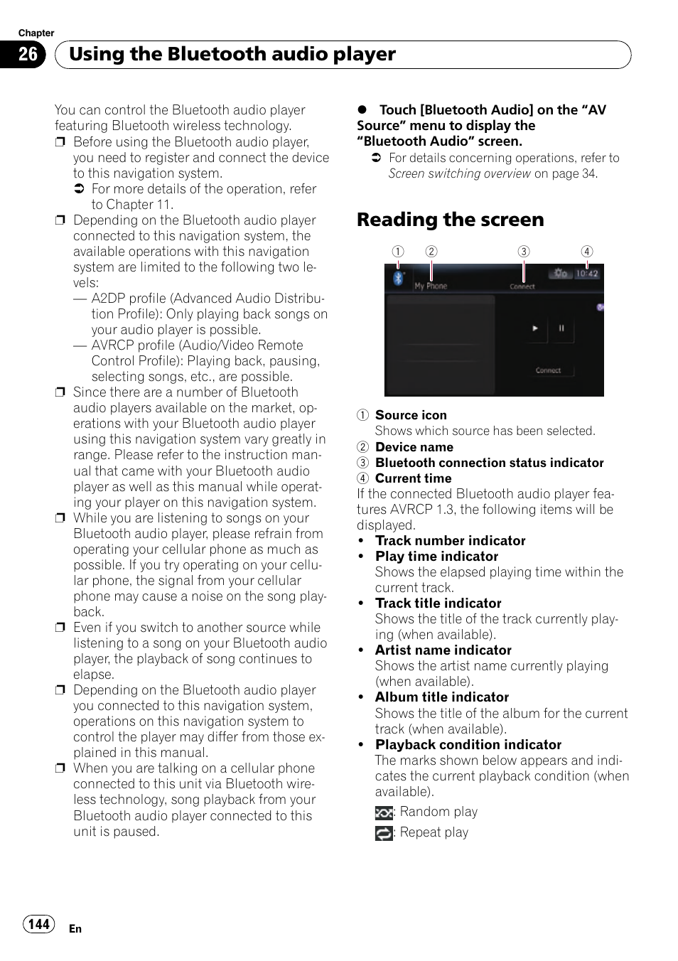 Reading the screen, Using the bluetooth audio player | Pioneer SUPER TUNER AVIC-Z110BT User Manual | Page 144 / 211