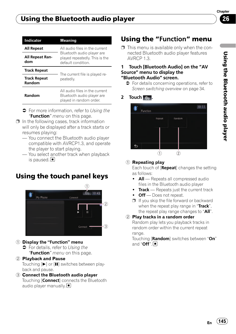 Using the touch panel keys, Using the, Function” menu 145 | Using the “function” menu, Using the bluetooth audio player | Pioneer SUPER TUNER AVIC-Z110BT User Manual | Page 145 / 211