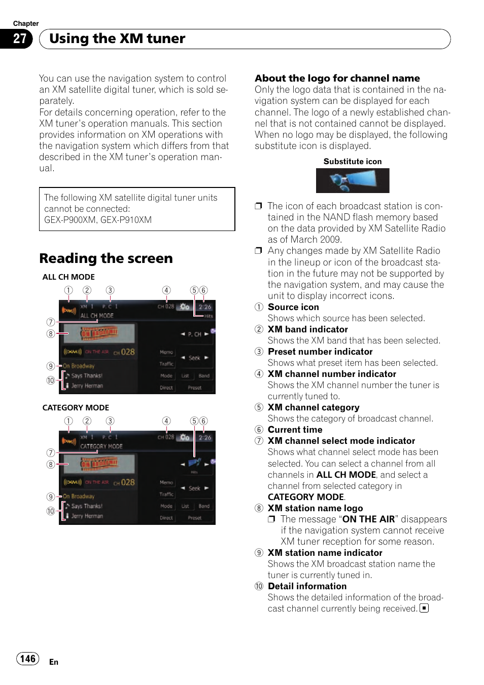 Using the xm tuner reading the screen, Reading the screen, Using the xm tuner | Pioneer SUPER TUNER AVIC-Z110BT User Manual | Page 146 / 211