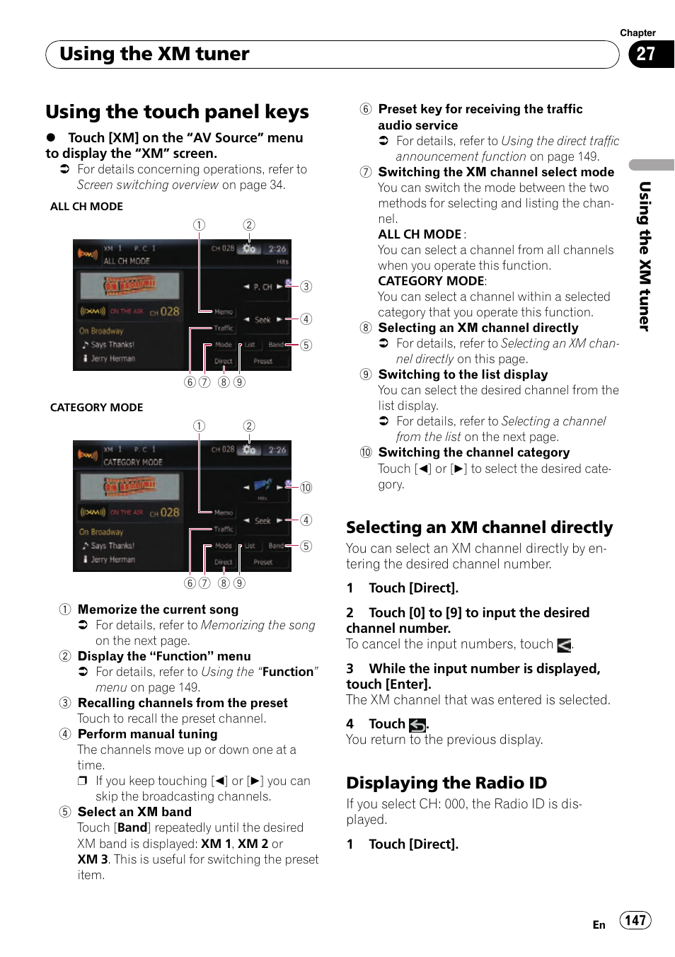 Using the touch panel keys, Selecting an xm channel directly 147, Displaying the radio id 147 | Using the xm tuner, Selecting an xm channel directly, Displaying the radio id | Pioneer SUPER TUNER AVIC-Z110BT User Manual | Page 147 / 211