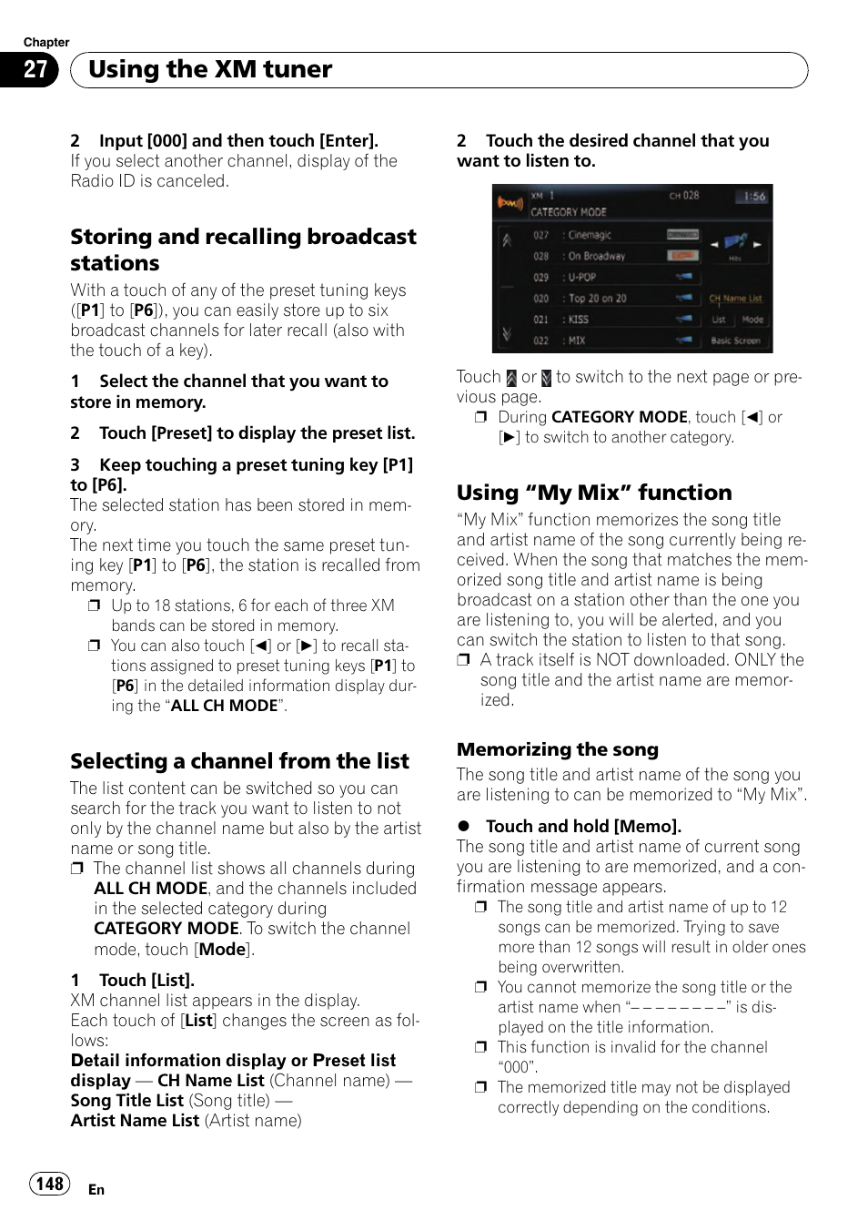 Storing and recalling broadcast, Stations, Selecting a channel from the list 148 | Using “my mix” function 148, Memorizing the song, Selecting a channel, Using the xm tuner, Storing and recalling broadcast stations, Selecting a channel from the list, Using “my mix” function | Pioneer SUPER TUNER AVIC-Z110BT User Manual | Page 148 / 211