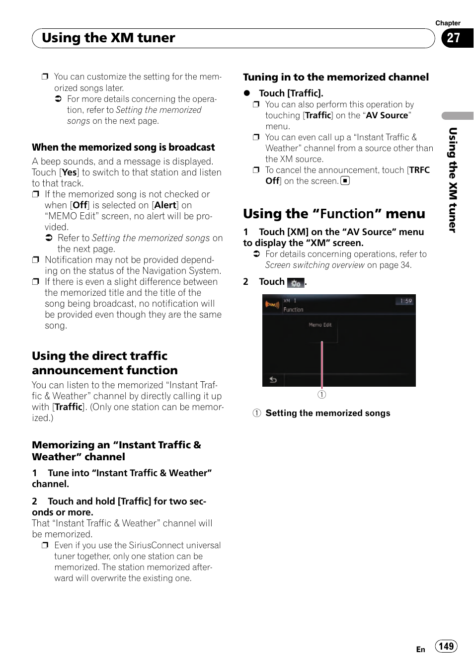 Using the direct traffic announcement, Function, Using the | Function” menu 149, Using the “function, Using the direct traffic, Using the “function” menu, Using the xm tuner, Using the direct traffic announcement function | Pioneer SUPER TUNER AVIC-Z110BT User Manual | Page 149 / 211