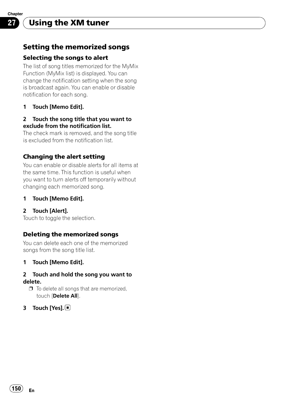 Setting the memorized songs 150, Setting the memorized songs on, Using the xm tuner | Pioneer SUPER TUNER AVIC-Z110BT User Manual | Page 150 / 211