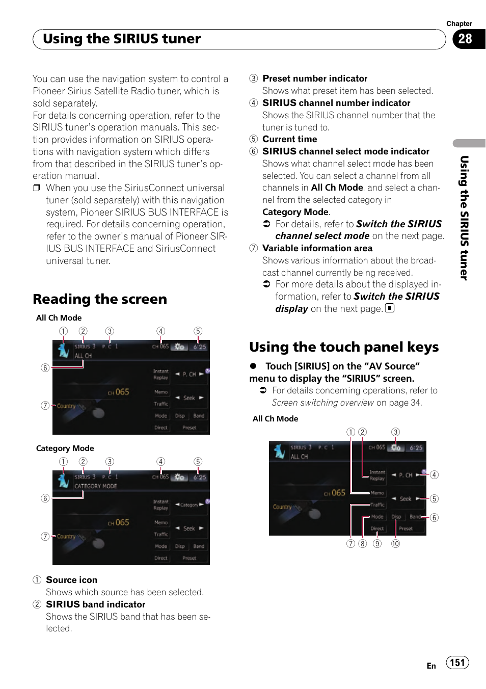 Using the sirius tuner reading the screen, Using the touch panel keys, Reading the screen | Using the sirius tuner | Pioneer SUPER TUNER AVIC-Z110BT User Manual | Page 151 / 211