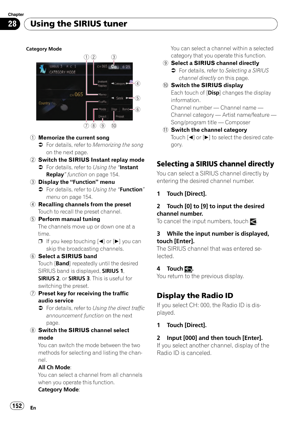 Selecting a sirius channel, Directly, Display the radio id 152 | Switch the sirius, Using the sirius tuner, Selecting a sirius channel directly, Display the radio id | Pioneer SUPER TUNER AVIC-Z110BT User Manual | Page 152 / 211