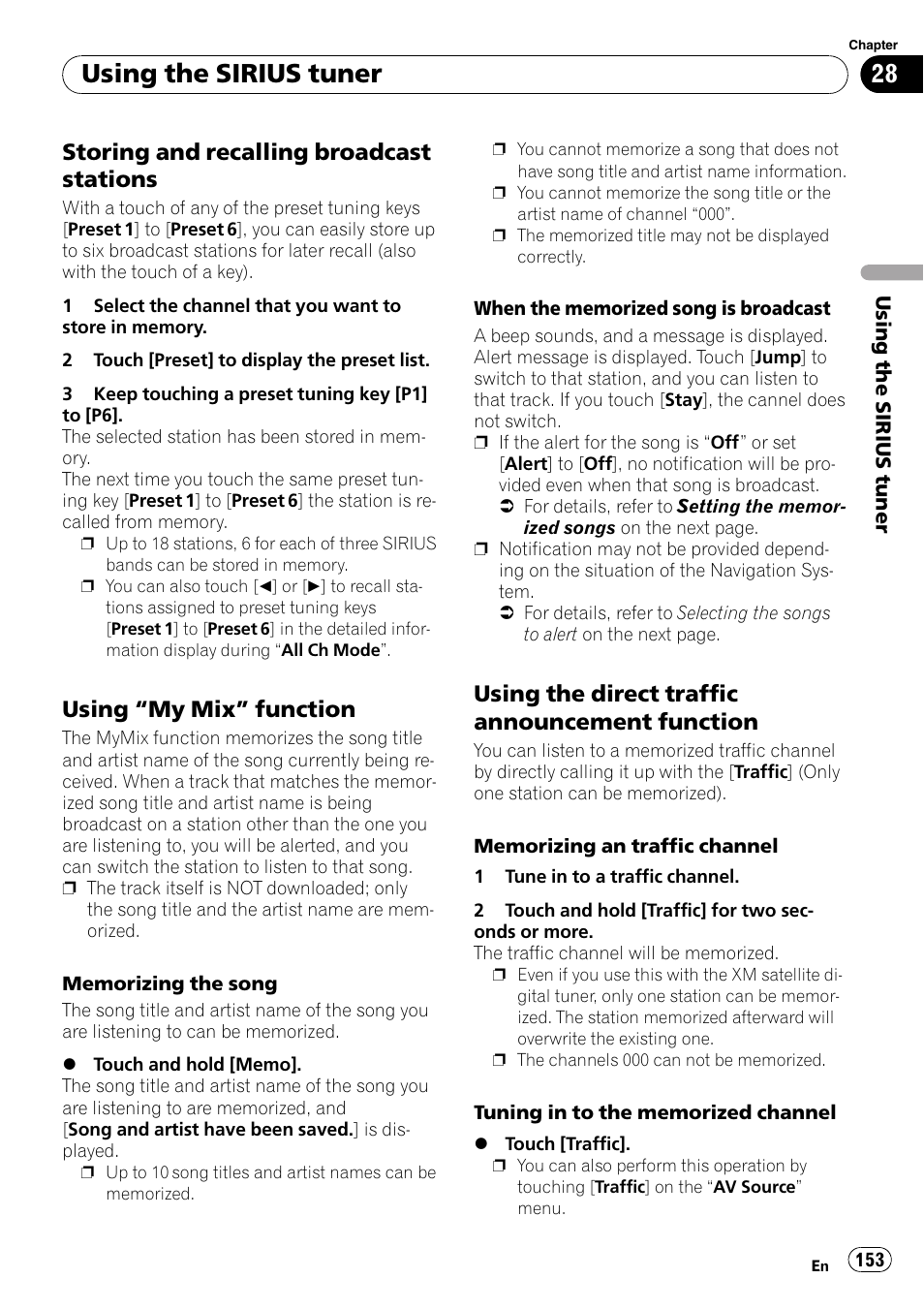 Storing and recalling broadcast, Stations, Using “my mix” function 153 | Using the direct traffic announcement, Function, Memorizing the song, Using the direct traffic, Using the sirius tuner, Storing and recalling broadcast stations, Using “my mix” function | Pioneer SUPER TUNER AVIC-Z110BT User Manual | Page 153 / 211