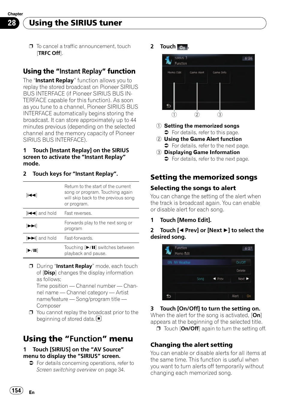 Using the “instant replay, Function, Using the | Function” menu 154, Setting the memorized songs 154, Using the “instant, Replay, Using the “function, Setting the memor, Selecting the songs | Pioneer SUPER TUNER AVIC-Z110BT User Manual | Page 154 / 211