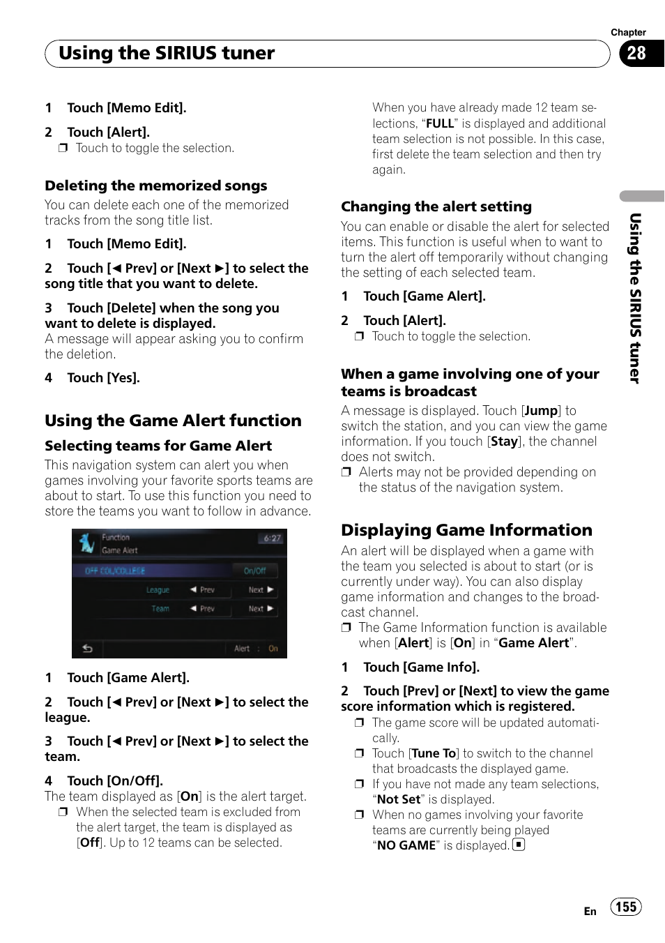 Using the game alert function 155, Displaying game information 155, Using the sirius tuner | Using the game alert function, Displaying game information | Pioneer SUPER TUNER AVIC-Z110BT User Manual | Page 155 / 211