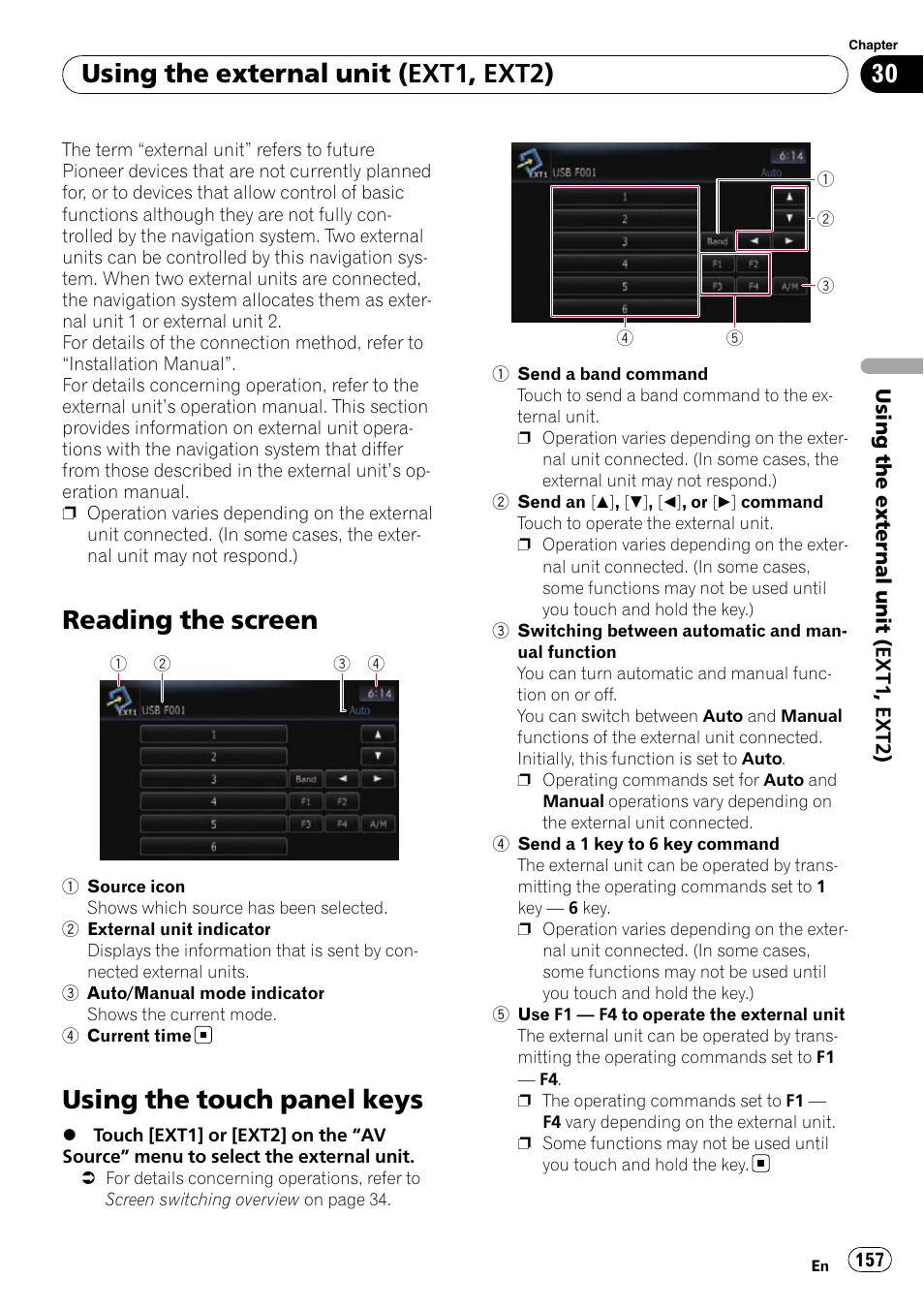 Using the touch panel keys, Reading the screen, Using the external unit (ext1, ext2) | Pioneer SUPER TUNER AVIC-Z110BT User Manual | Page 157 / 211