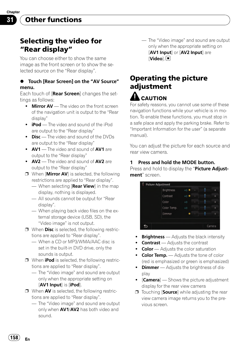 Other functions selecting the video for, Rear display” 158, Operating the picture adjustment | Operating the pic, Selecting the video for “rear display, Other functions | Pioneer SUPER TUNER AVIC-Z110BT User Manual | Page 158 / 211