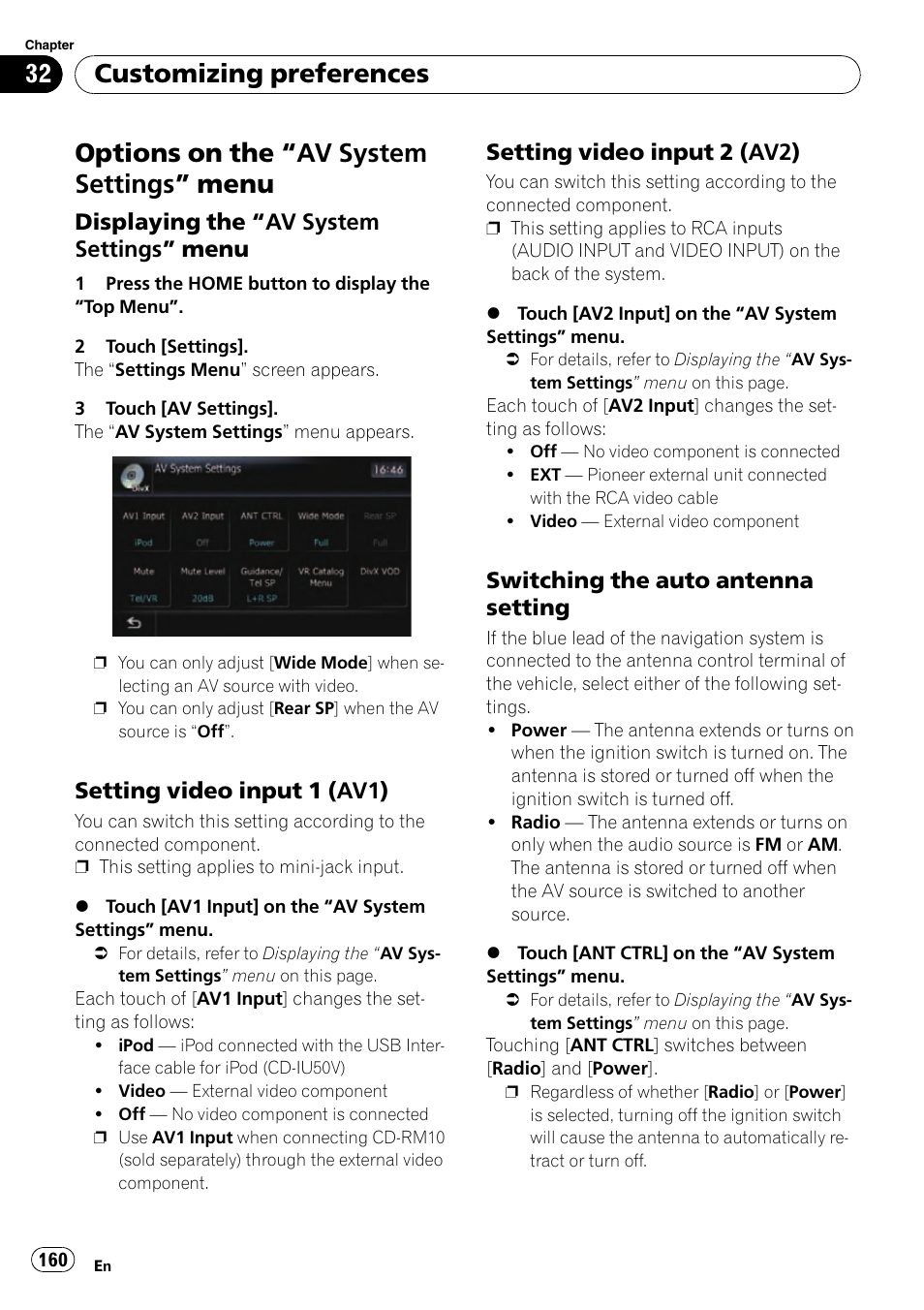 Customizing preferences options on the, Av system settings, Menu | Displaying the “av system settings, Setting video input 1 (av1) 160, Setting video input 2 (av2) 160, Switching the auto antenna, Setting, Setting video input 1, Setting video input 2 | Pioneer SUPER TUNER AVIC-Z110BT User Manual | Page 160 / 211