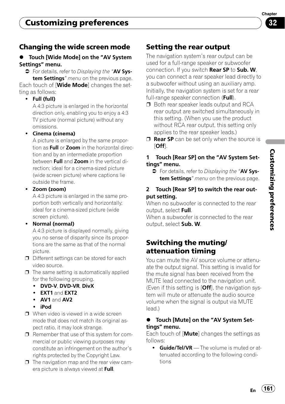 Changing the wide screen mode 161, Setting the rear output 161, Switching the muting/attenuation | Timing, Customizing preferences, Changing the wide screen mode, Setting the rear output, Switching the muting/ attenuation timing | Pioneer SUPER TUNER AVIC-Z110BT User Manual | Page 161 / 211