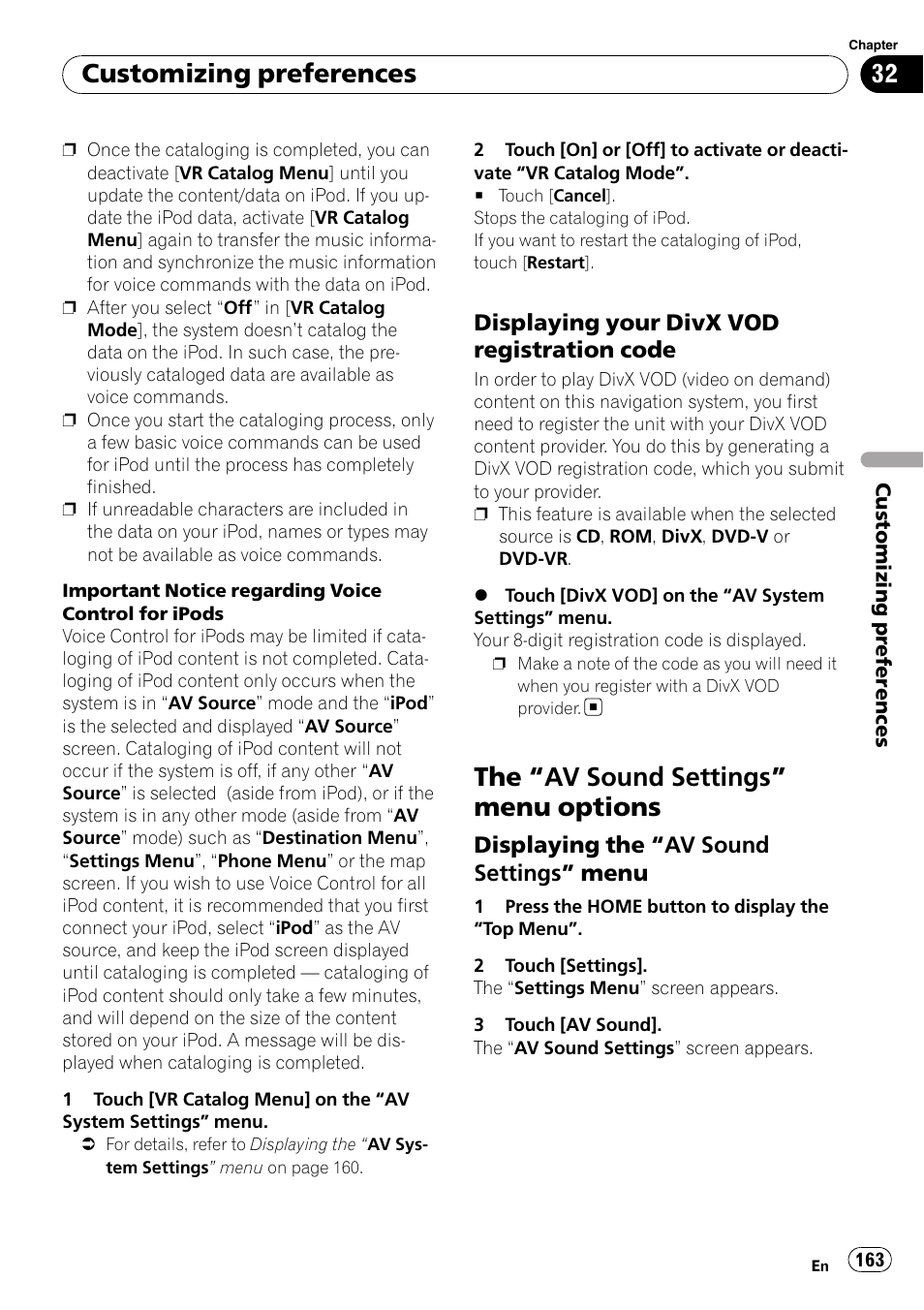 Displaying your divx vod registration, Code, Av sound settings” menu options 163 | Displaying the “av sound settings, Menu, The “av sound settings” menu options, Customizing preferences | Pioneer SUPER TUNER AVIC-Z110BT User Manual | Page 163 / 211