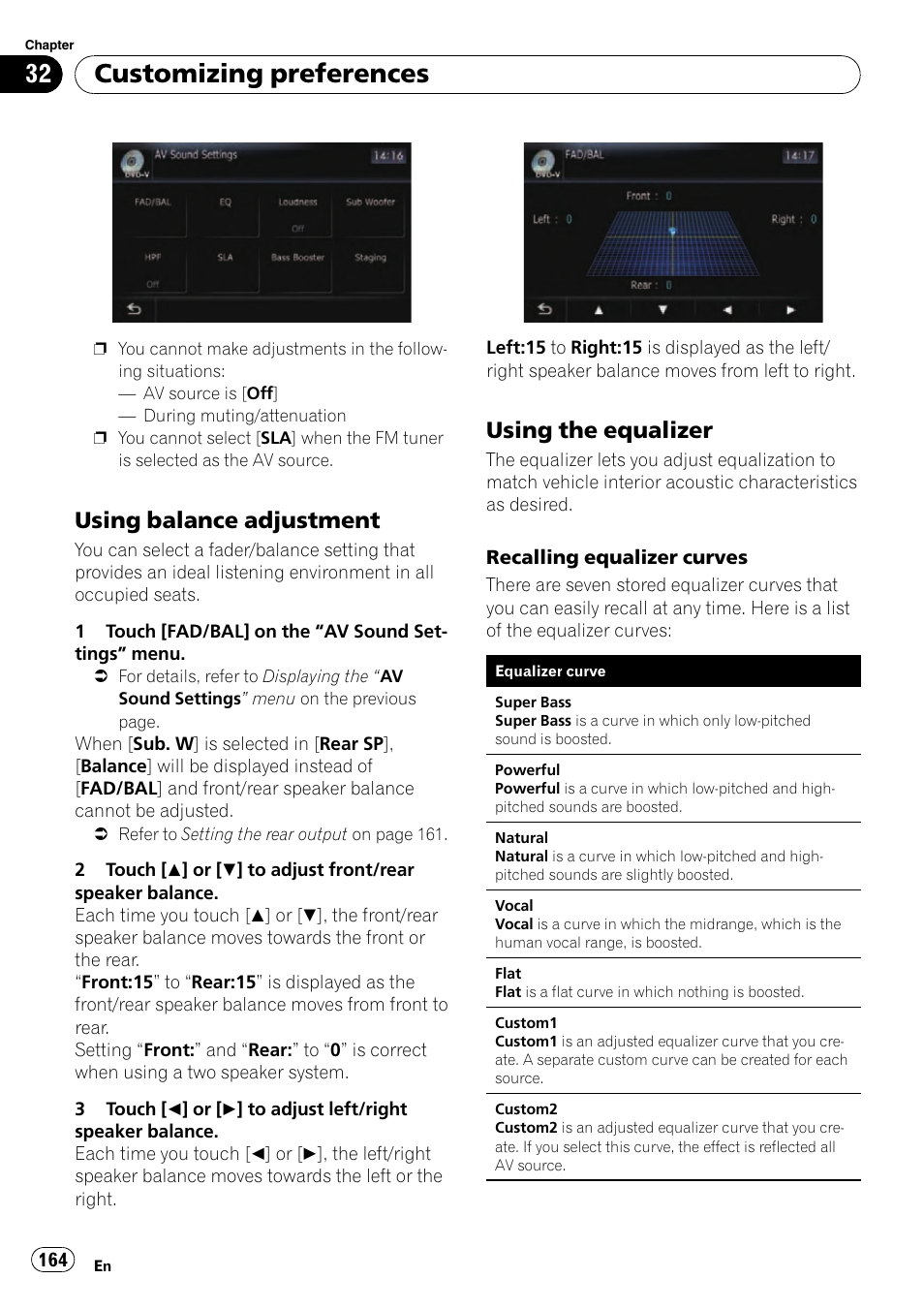 Using balance adjustment 164, Using the equalizer 164, Customizing preferences | Using balance adjustment, Using the equalizer | Pioneer SUPER TUNER AVIC-Z110BT User Manual | Page 164 / 211