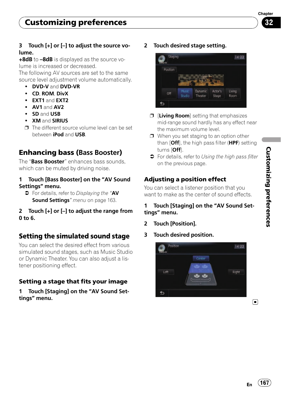 Enhancing bass (bass booster) 167, Setting the simulated sound, Stage | Customizing preferences, Enhancing bass (bass booster), Setting the simulated sound stage | Pioneer SUPER TUNER AVIC-Z110BT User Manual | Page 167 / 211