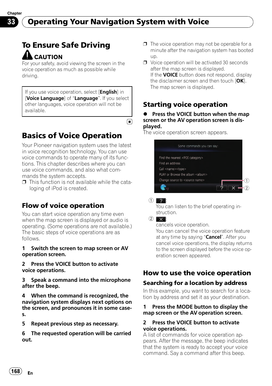 Basics of voice operation, Flow of voice operation 168, Starting voice operation 168 | How to use the voice operation 168, Operating your navigation system with voice, Flow of voice operation, Starting voice operation, How to use the voice operation | Pioneer SUPER TUNER AVIC-Z110BT User Manual | Page 168 / 211