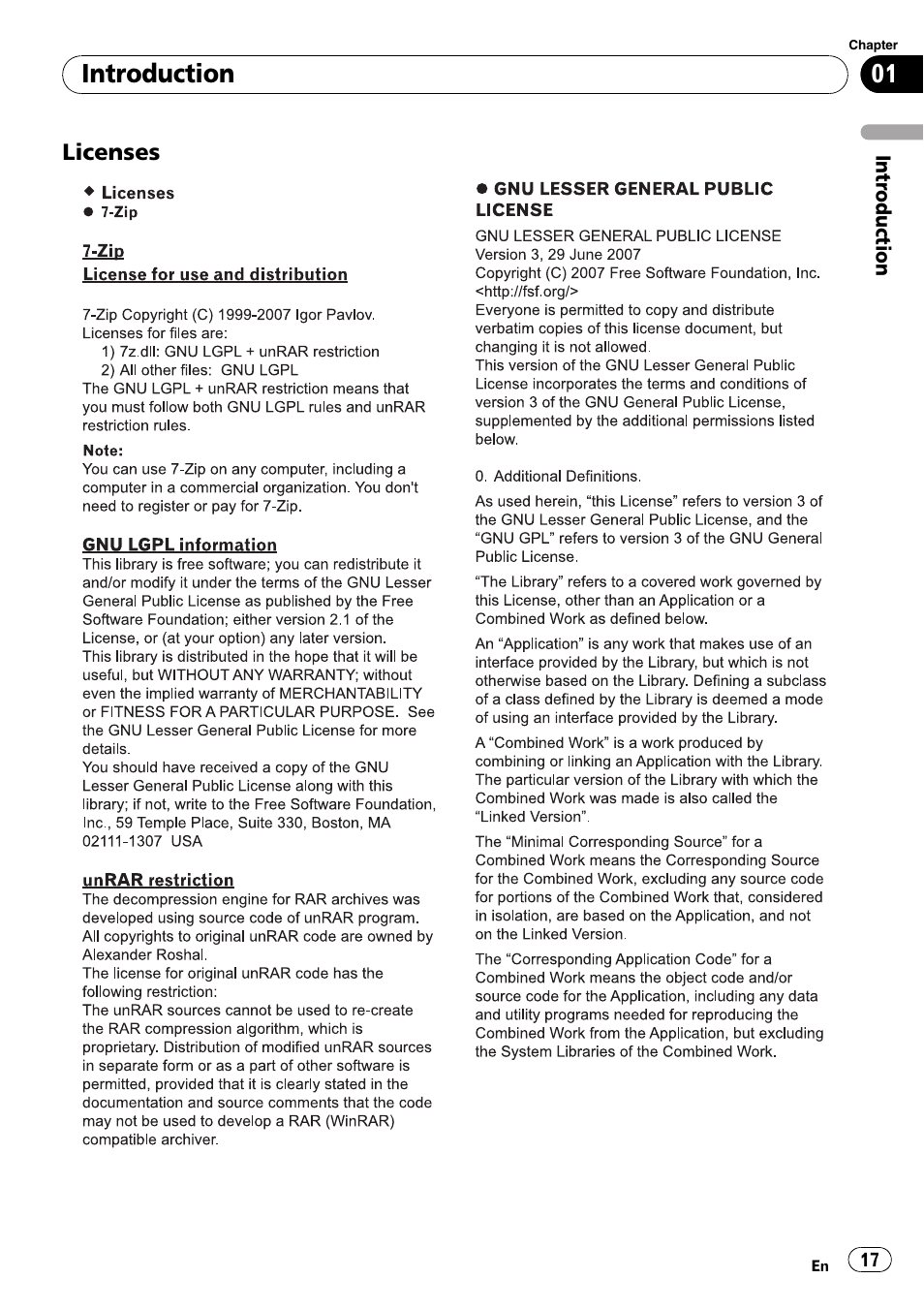 Licenses 17, Introduction | Pioneer SUPER TUNER AVIC-Z110BT User Manual | Page 17 / 211