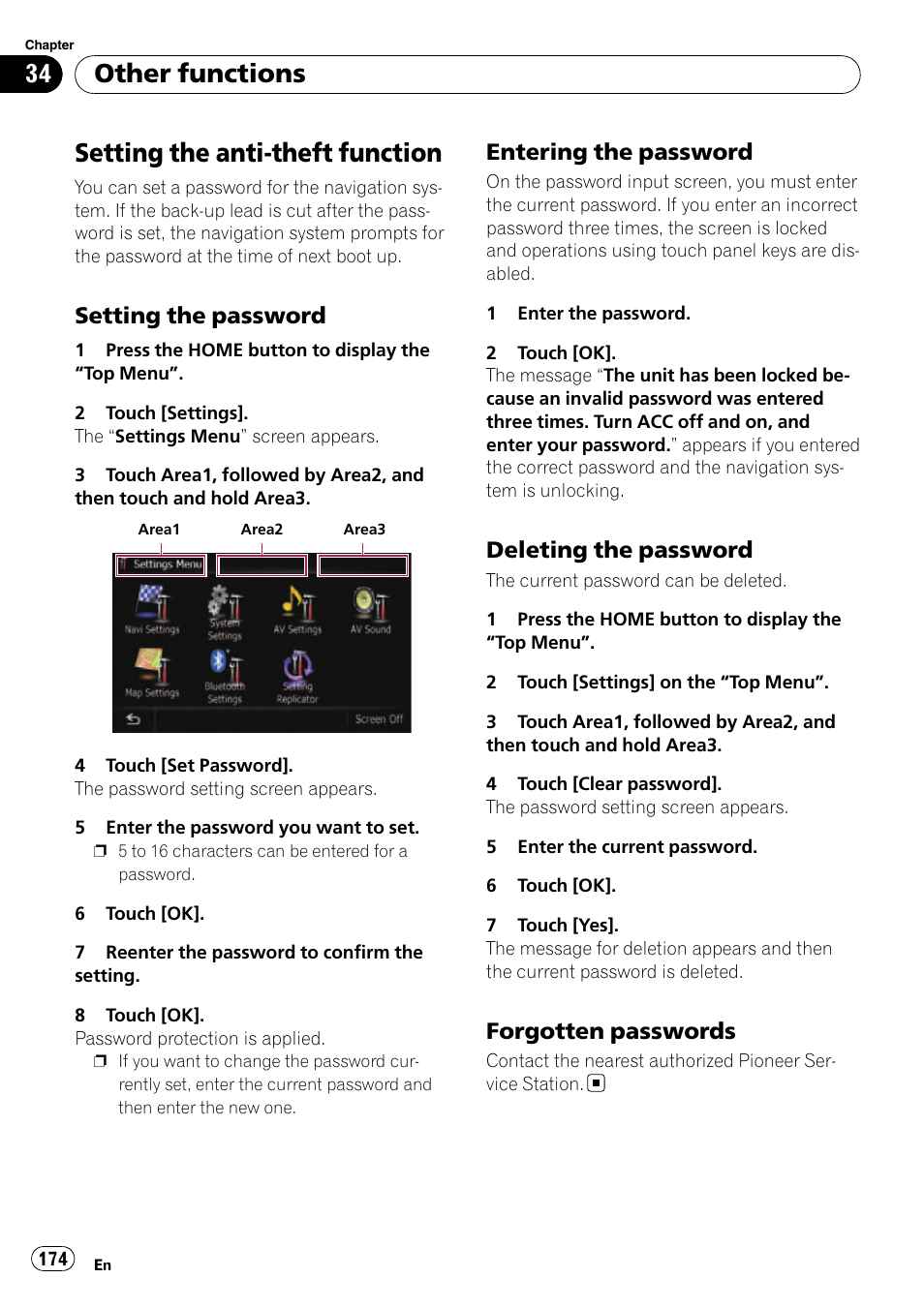 Other functions setting the anti-theft function, Setting the password 174, Entering the password 174 | Deleting the password 174, Forgotten passwords 174, Setting the anti-theft function, Other functions, Setting the password, Entering the password, Deleting the password | Pioneer SUPER TUNER AVIC-Z110BT User Manual | Page 174 / 211