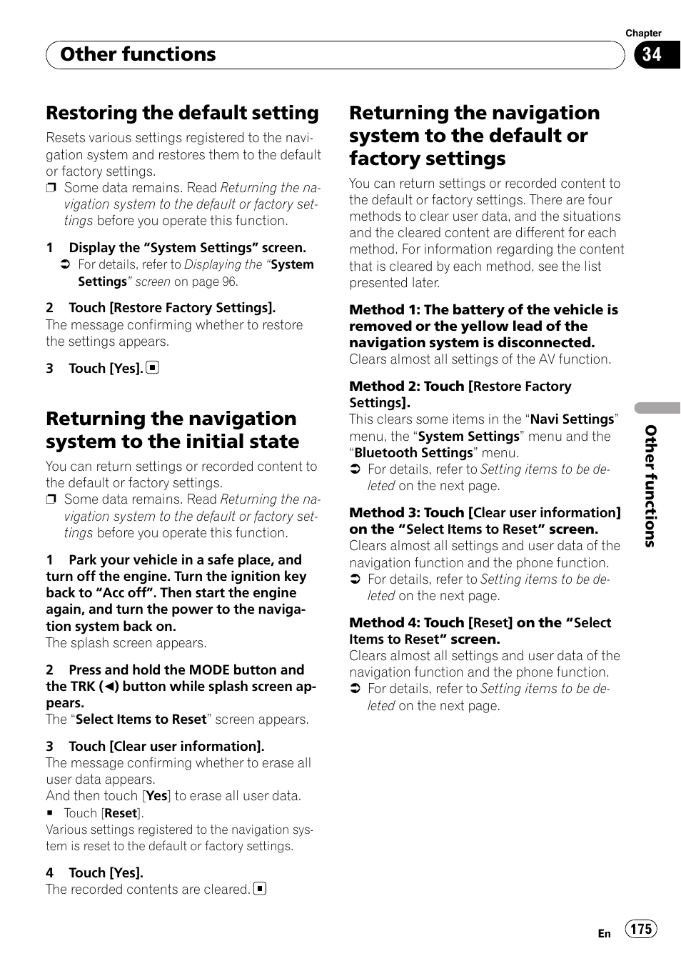 Restoring the default setting, Returning the navigation system to the initial, State | Returning the navigation system to the, Default or factory settings, Returning the na, Other functions | Pioneer SUPER TUNER AVIC-Z110BT User Manual | Page 175 / 211