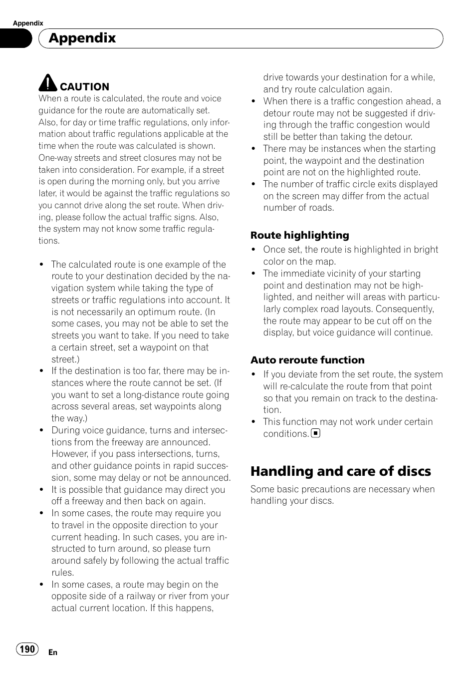 Handling and care of discs, Appendix | Pioneer SUPER TUNER AVIC-Z110BT User Manual | Page 190 / 211