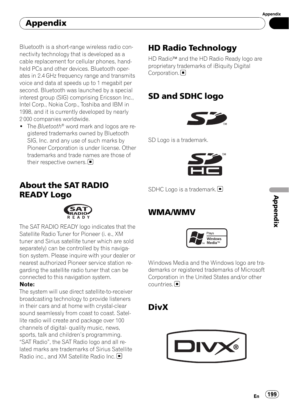 About the sat radio ready logo, Hd radio technology, Sd and sdhc logo | Wma/wmv, Divx, Divx appendix | Pioneer SUPER TUNER AVIC-Z110BT User Manual | Page 199 / 211