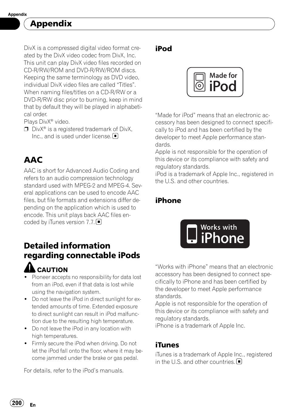 Detailed information regarding connectable, Ipods, Ipod 200 | Iphone 200, Itunes 200, Detailed information regarding connectable ipods, Appendix, Ipod, Iphone, Itunes | Pioneer SUPER TUNER AVIC-Z110BT User Manual | Page 200 / 211