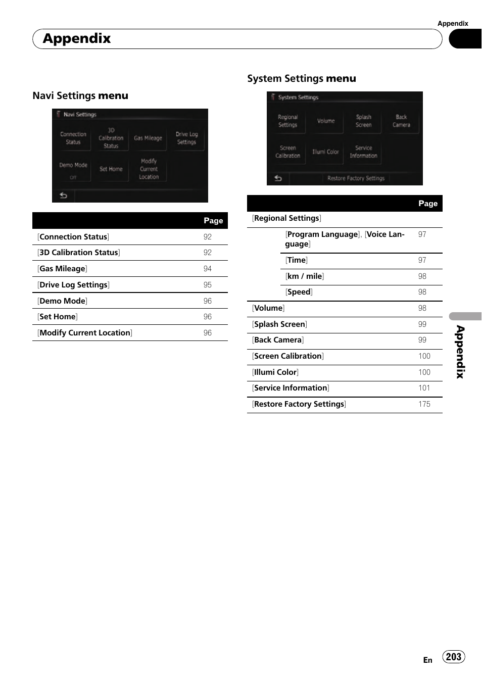 Appendix, Navi settings menu, System settings menu | Pioneer SUPER TUNER AVIC-Z110BT User Manual | Page 203 / 211