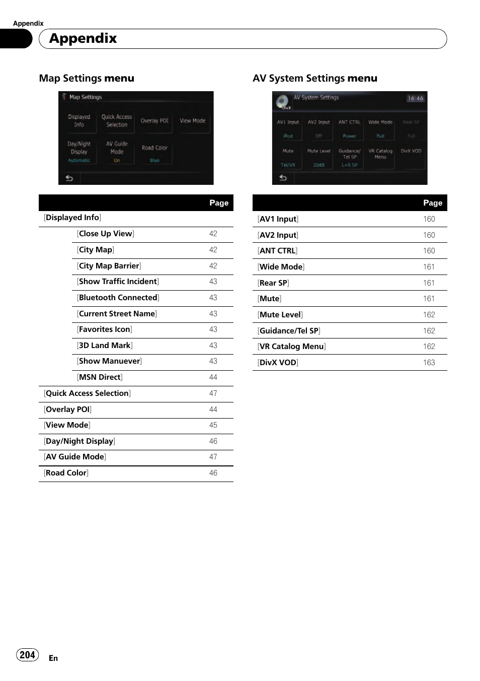 Appendix, Map settings menu, Av system settings menu | Pioneer SUPER TUNER AVIC-Z110BT User Manual | Page 204 / 211
